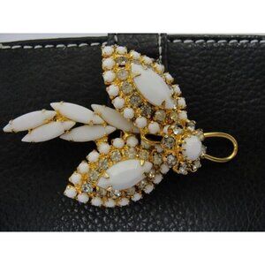 Vintage Flower Brooch Costume Jewelry Milk Glass on Gold Tone Rhinestones